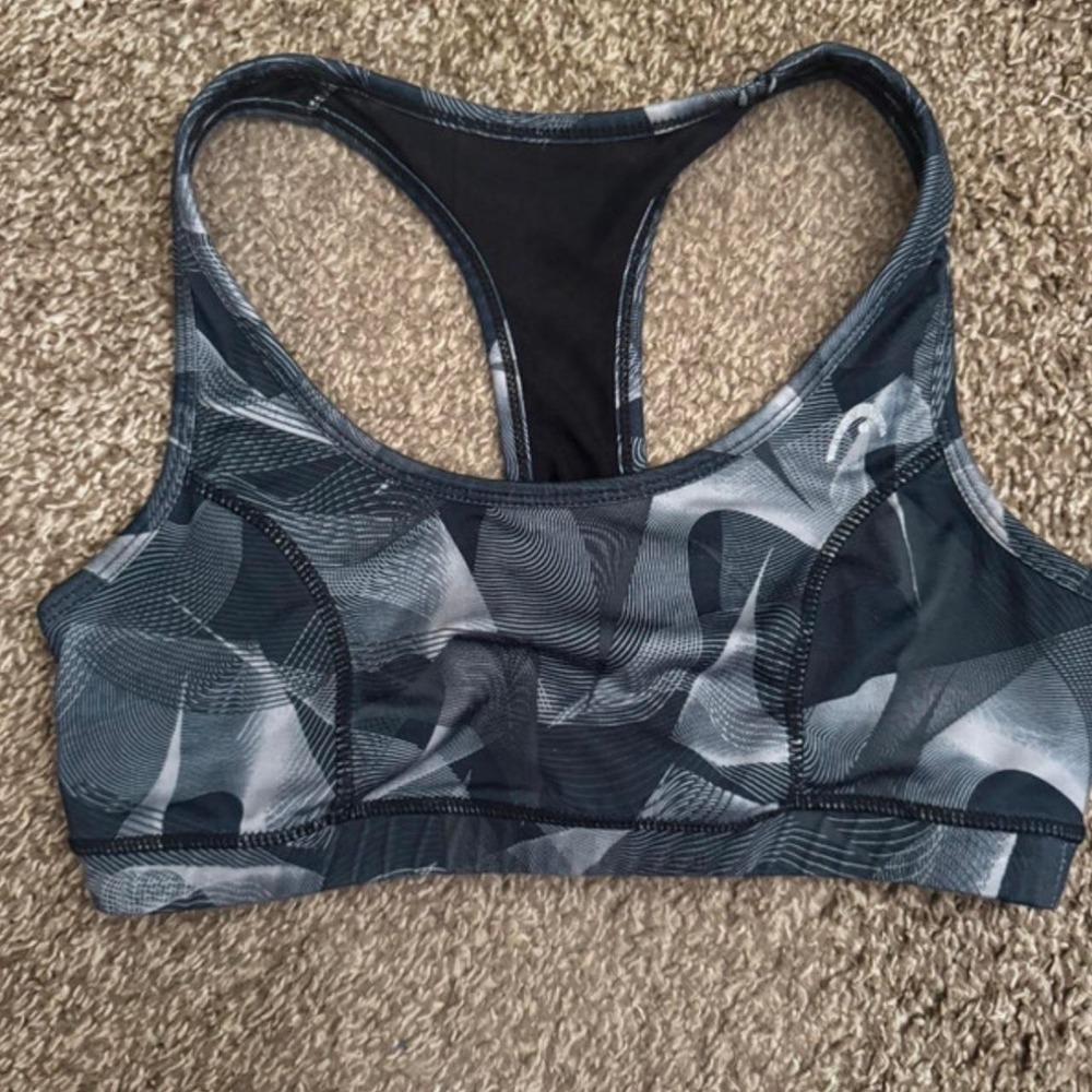 Head Womens Sports Bra Gray Black Abstract Geometric Racerback Mesh Back Gym Top